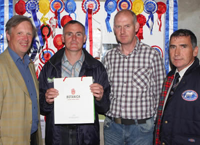 Basil Doherty, winner of the best cow at the NI British Blue Herds competition with Judge Graham Brindley sponsor Michael Lynch, Botanica and Harold McKee sec of the NI club at the awards presentation evening held at James Martin's farm Newtownards